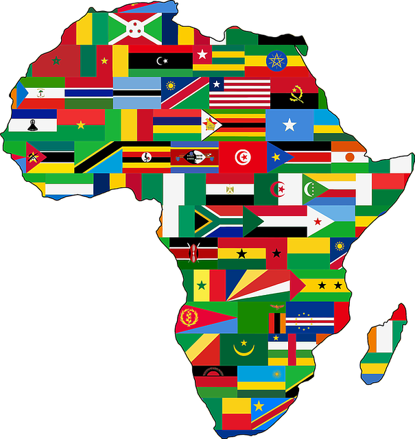 Silhouette of the African continent composed of the national flags of all its nations